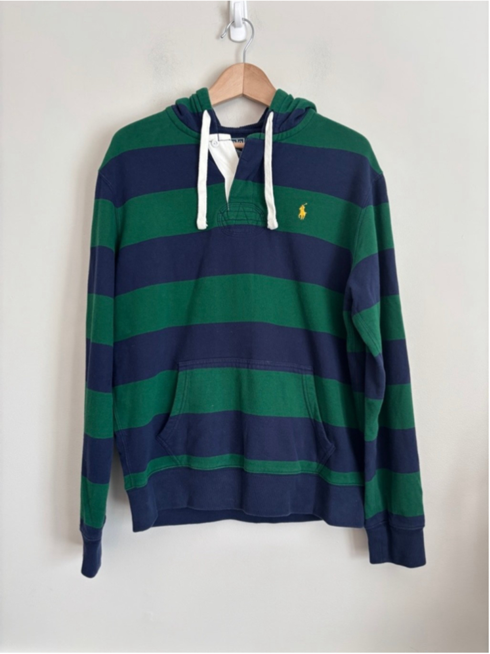 Vintage Polo by Ralph Lauren Mens L Green Navy Striped Ruby Style Hoodie Preppy